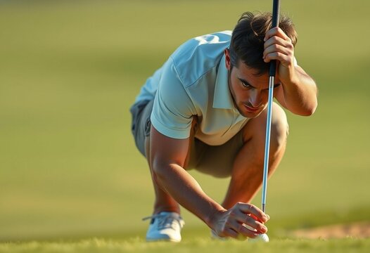 Photorealistic portrait of a focused male golfer lining up a putt
