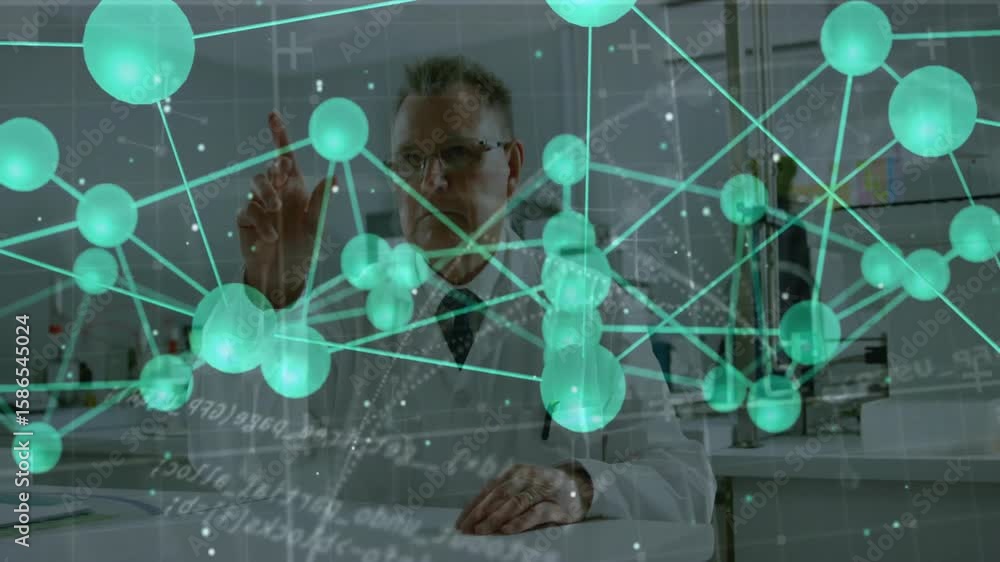 Poster senior scientist raising finger interacting with science hologram network selecting key data node