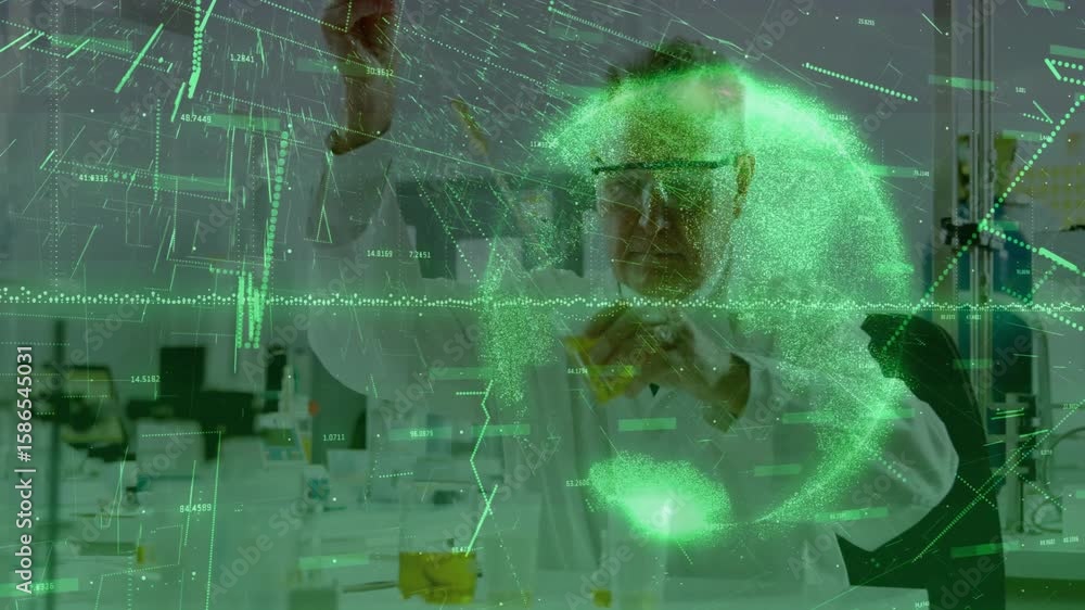 Aufkleber male scientist drawing liquid using pipette in lab and activating data overlays monitoring reaction
