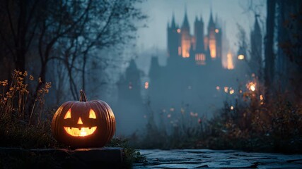 Spooky Halloween pumpkin lit against a haunted castle backdrop