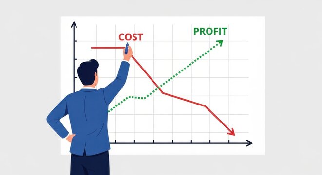 A businessman draws on a graph, illustrating the inverse relationship between cost and profit growth in business