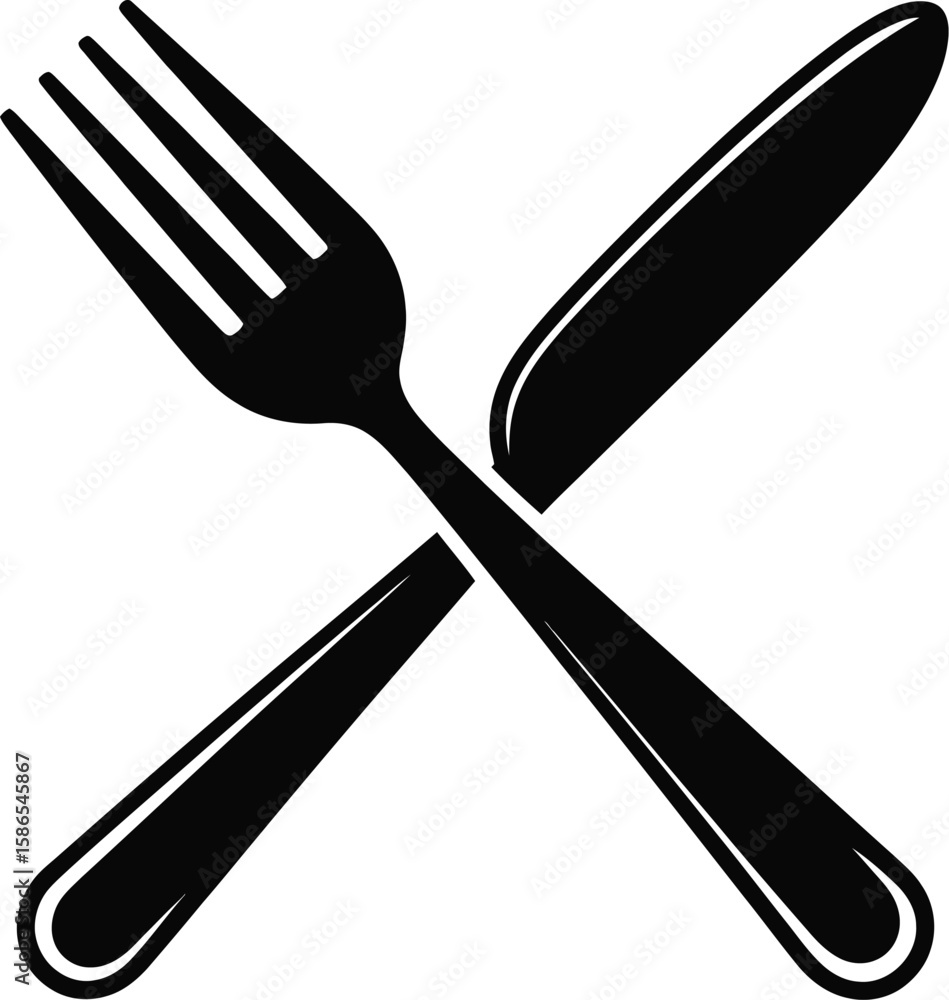 Aufkleber a simple black and white graphic of a crossed fork and knife on a white background in a vector style