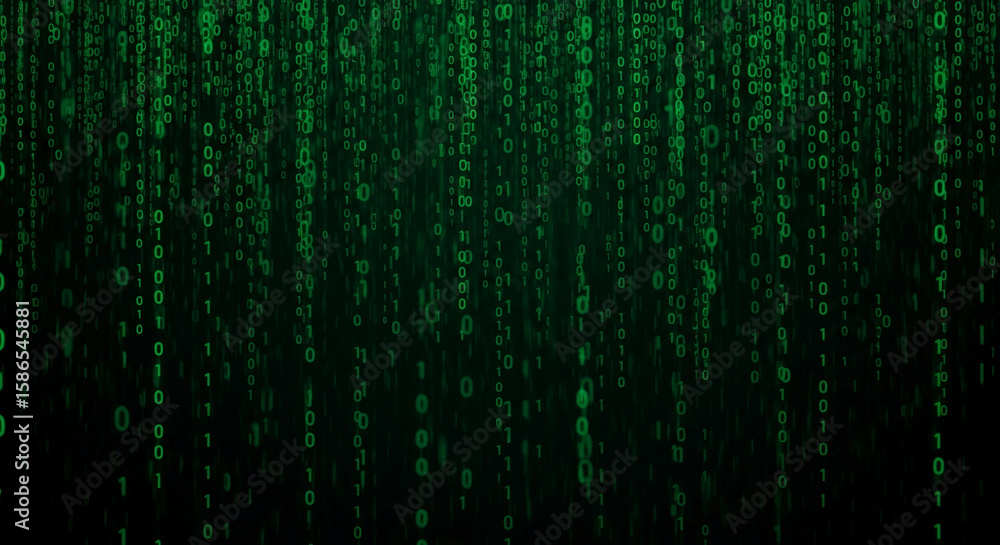 Fototapete green digital numbers cascading down dark background, representing data flow, technology, and coding