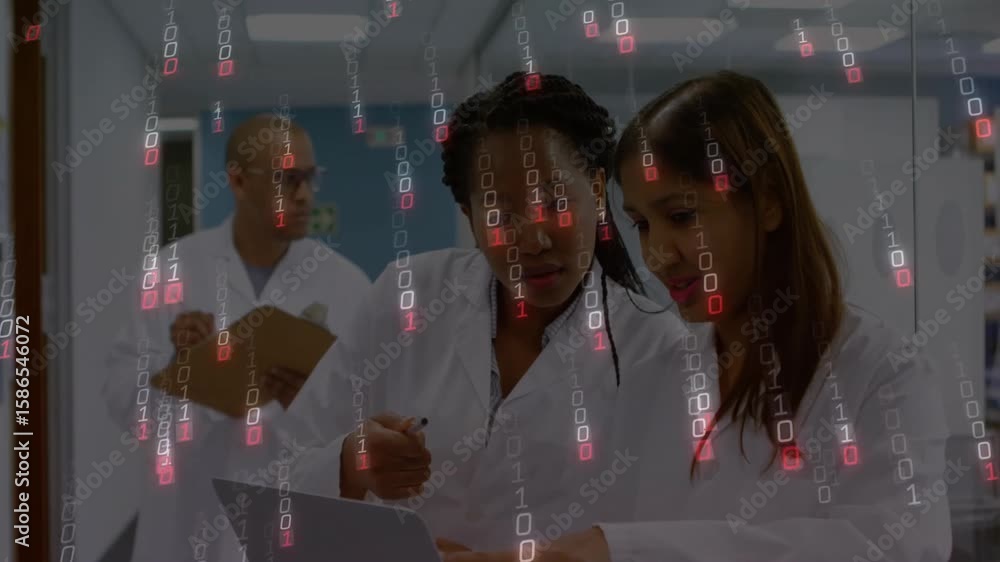 Poster lab scientists powering on laptop and causing binary overlay streaming while colleague noting data
