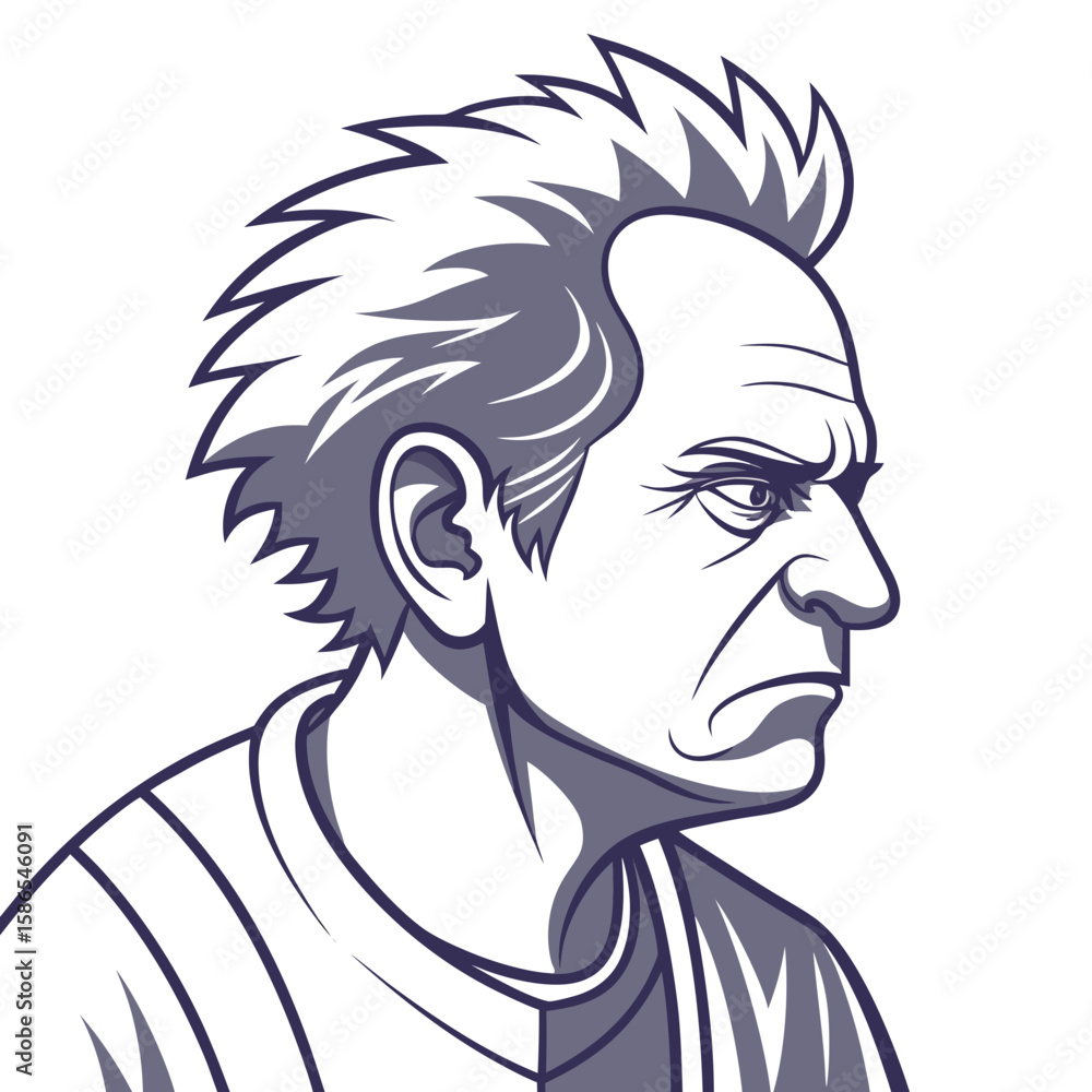 Poster illustration of a man with spiky hair and an intense expression in a monochrome color palette design