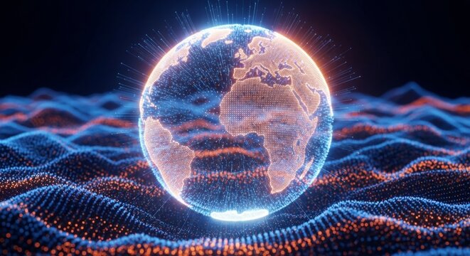 A digital globe hovers over a wavy surface, representing global technology and interconnectedness in cyberspace - Powered by Adobe