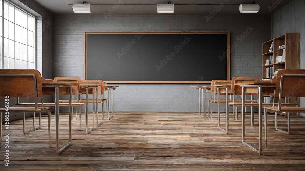 Poster empty classroom featuring rows of wooden chairs, a blackboard, bookshelf and large window creates a 
