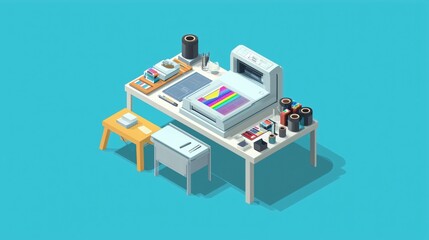 Obraz premium Isometric Analog Photography Desk with Film Scanner and Rolls