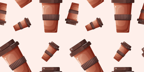 Seamless Pattern Illustration with Eco-Friendly Takeaway Coffee Cups. Vector Graphic of Drink Containers Filled with Hot Coffee.