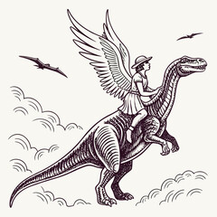 Winged girl riding a dinosaur with flying pterodactyls in a sky filled with clouds illustration created with generated ai