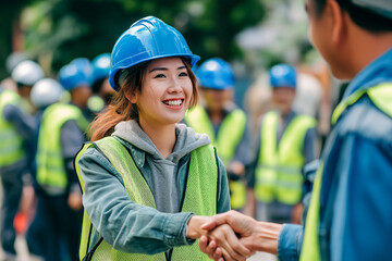 Construction Handshake: A moment of collaboration and camaraderie captured on a construction site, two workers shaking hands with other worker in the background.