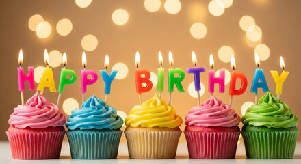 Colorful cupcakes with lit candles spelling "Happy Birthday" against a bokeh background, symbolizing celebration and joy