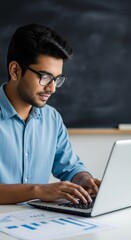 Focused Young Professional Working on Laptop with Charts