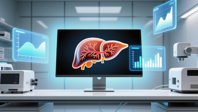 Liver diagram displayed on computer screen in a modern lab environment  