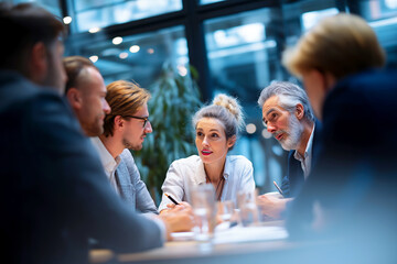Collaborative Dialogue: A group of professionals, deep in thought, engaging in a vibrant discussion within a modern office setting. The focus is on teamwork, brainstorming, and strategic planning.