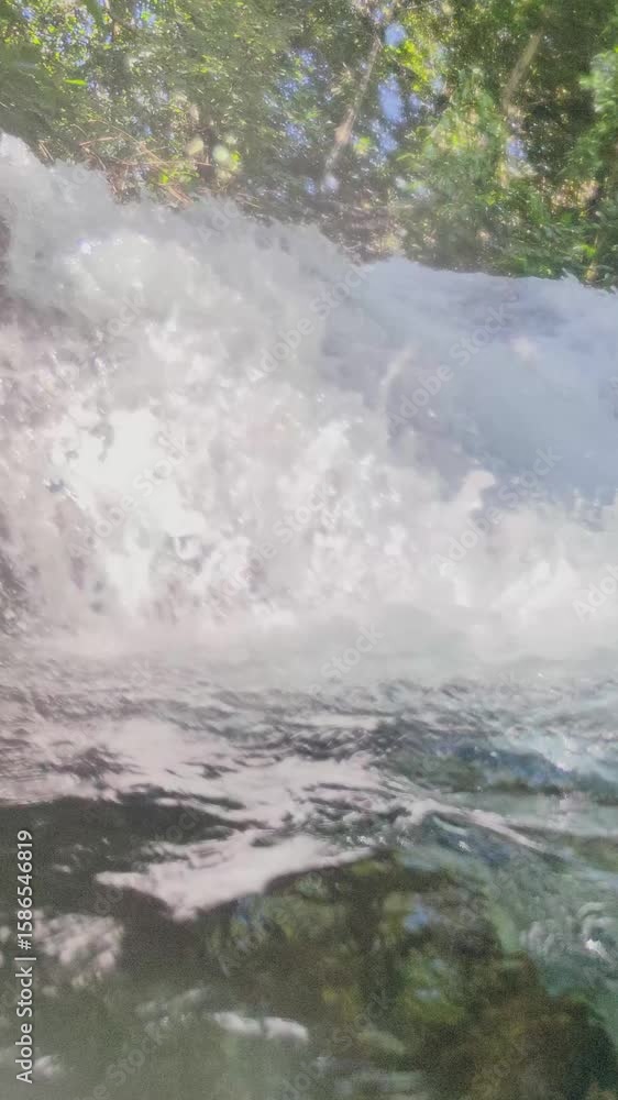 Poster Immersive point of view from underwater looking up at Formiga Waterfall splashing in a pristine river. Sunlight filters through the green forest canopy, creating a beautiful natural scene. Jalapão.