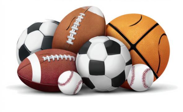 Assorted Sports Balls Set, Isolated Transparent Background with Multiple Game Balls