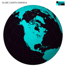Vector Globe centered to North America. Rich Black Aqua palette. World map with meridians, parallels, countries, rivers and lakes. Amazing vector illustration.