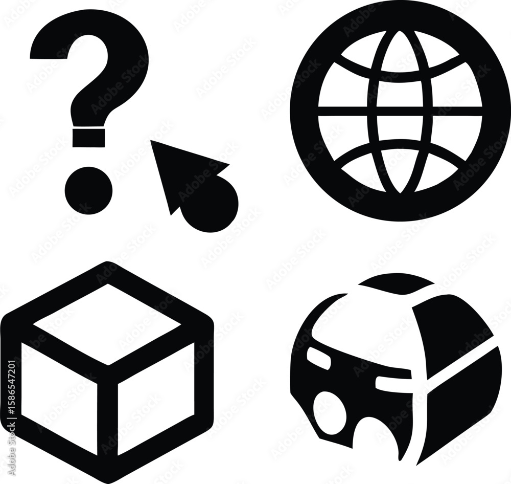 Poster black and white icons question mark cursor globe cube 3 d sphere graphic design elements vector