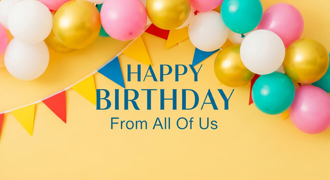 Colorful balloons and bunting create a festive birthday scene on a yellow background, conveying joy, celebration, and happiness, perfect for greeting cards or party invitations