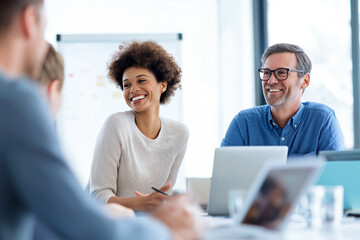 Meeting of Minds: Capture a candid business meeting, showing the dynamic of professional exchange, the warmth of collaboration, and the vibrant energy of shared insight.