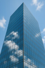 Modern glass skyscraper reflecting clouds on a sunny day