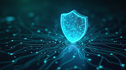 A glowing shield hovering with green check mark above a digital circuit board, with neon blue and pink lines symbolizing cybersecurity
