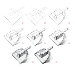 Pencil drawing lessons. Page shows how to learn to draw from life a sketch of brush and dustpan. Educational tutorial for artists. Development of artistic skills. Hand drawn vector.
