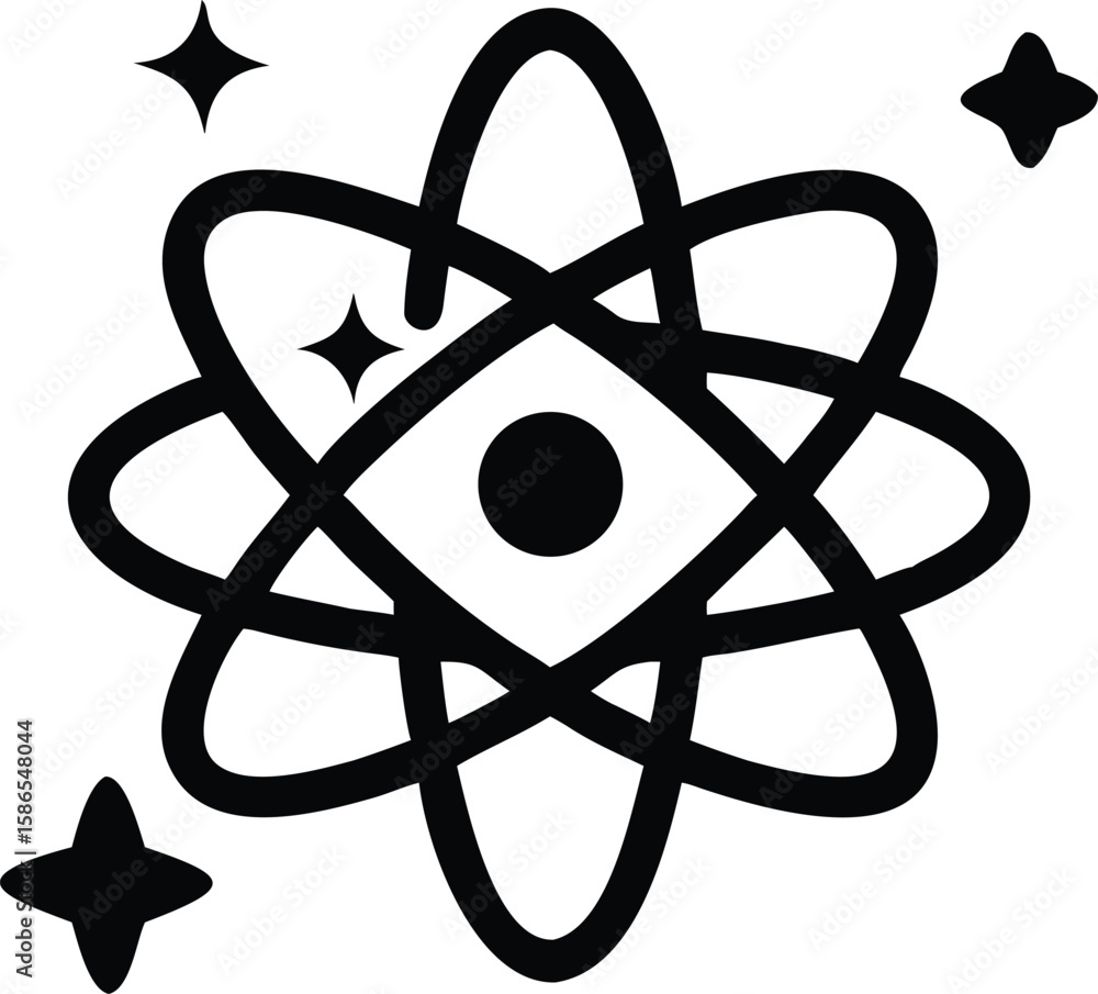 Poster black atomic structure icon with four stars simple bold line art design science physics