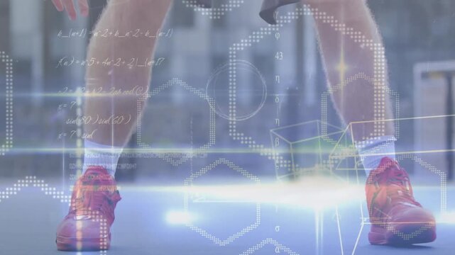 Dribbling routine from bent knees, athlete bouncing ball, crossing legs, pivoting, overlays syncing