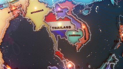 This image is a stylized digital map highlighting parts of Southeast Asia, with a special focus on Thailand. Here are the key elements of the map:
