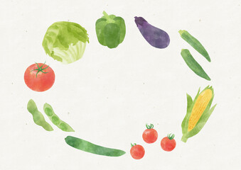 Hand-Painted Summer Vegetable Frame – Oval Wreath with Japanese Produce on Recycled Paper Background