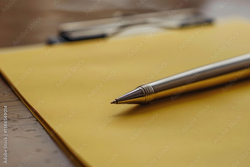 Aufkleber close up of an elegant metal pen resting on a yellow notepad placed on a clipboard, creating a profe
