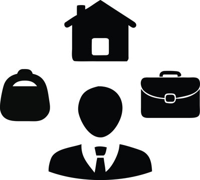 Black Silhouette Icon Work Life Balance Businessman House Briefcase Bag vector