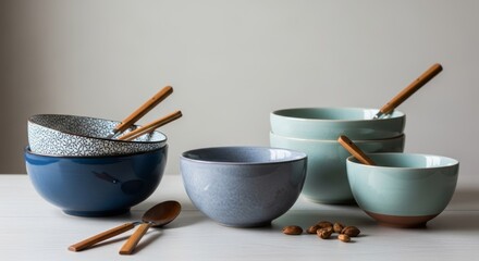 Assorted Ceramic Bowls with Wooden Spoons on a Light Surface