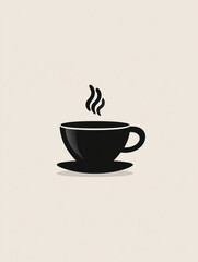 Obraz premium Simple black silhouette coffee cup with rising steam on cream background, minimal flat design