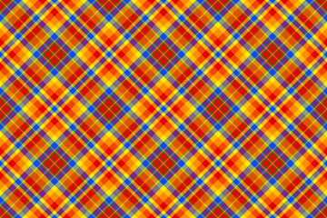 Vibrant tartan pattern. Warm hues of red, orange, and yellow intersect with bold blue lines. Classic textile design. Ideal for backgrounds or fabric mockups.