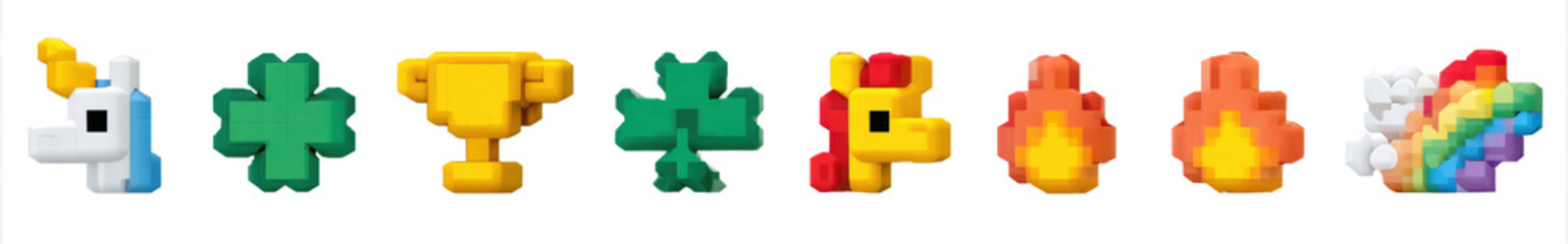 Vibrant Pixel Icons Collection, Isolated 8-Bit Graphics on Transparent Background