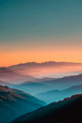 Obraz premium Layered pastel mountains fading into mist beneath soft peach dawn sky, minimalist illustration