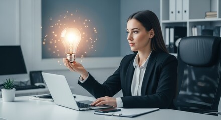 Businesswoman contemplates a glowing lightbulb at her desk.