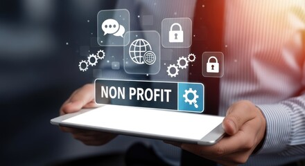 A person holds a tablet displaying non profit with various business and communication icons