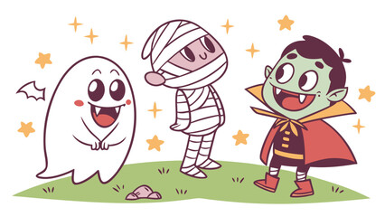 Obraz premium Cute halloween characters ghost mummy and vampire cartoon vector illustration for kids party 100