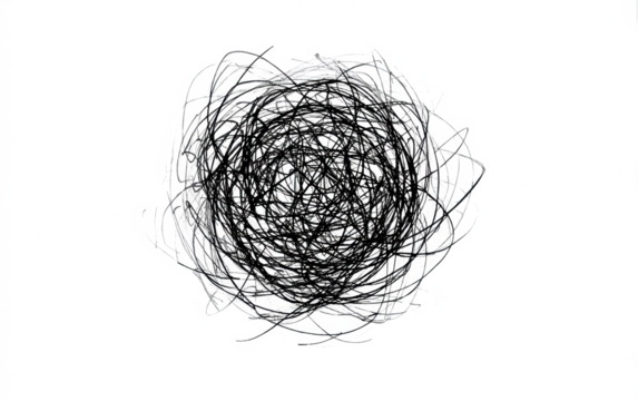 Chaotic Black Scribble on White Background, Abstract Hand-Drawn Ink Design