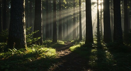 Sunbeams pierce through the dense forest canopy, illuminating a path.