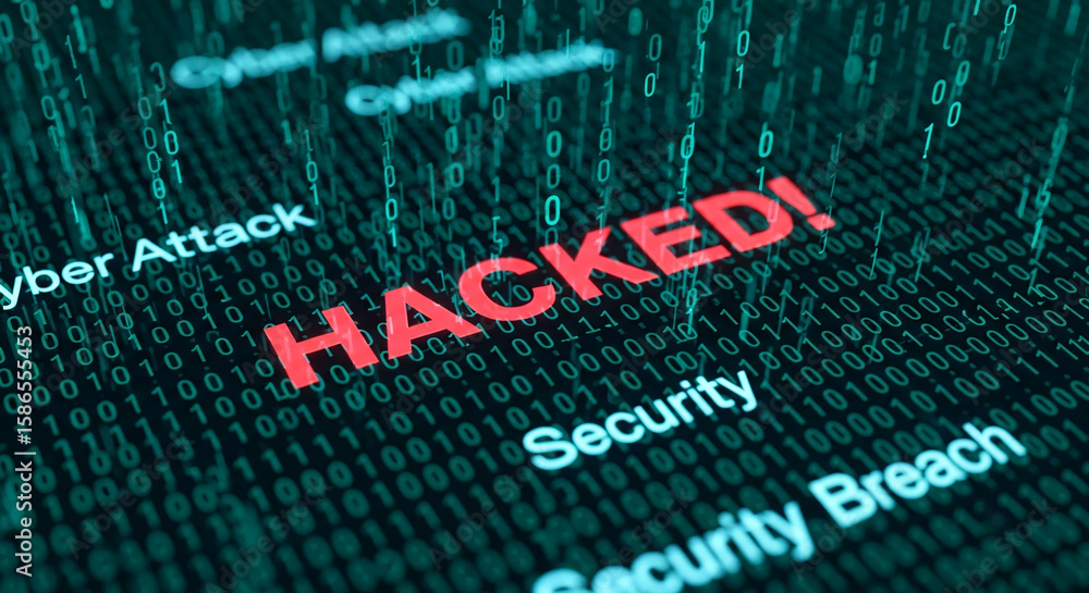 Poster Digital background showing binary code with the word HACKED in red, symbolizing cyber security breach or attack