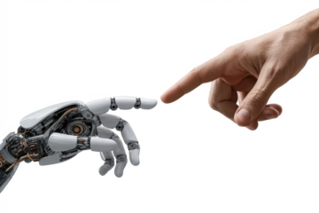 Human and Robotic Hands Touching on Transparent PNG, Futuristic AI Concept