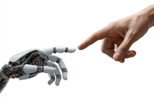 Human and Robotic Hands Touching on Transparent PNG, Futuristic AI Concept