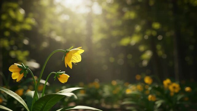 Flying honeybee approaching yellow flower in sunlit forest, magical pollination scene for World Bee Day