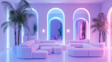 Dreamy, neon-lit interior; soft white sofas, plants, arched passages, otherworldly glow