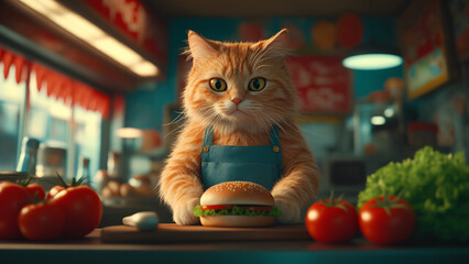 fluffy ginger cat in an apron cooks a burger on a food truck,